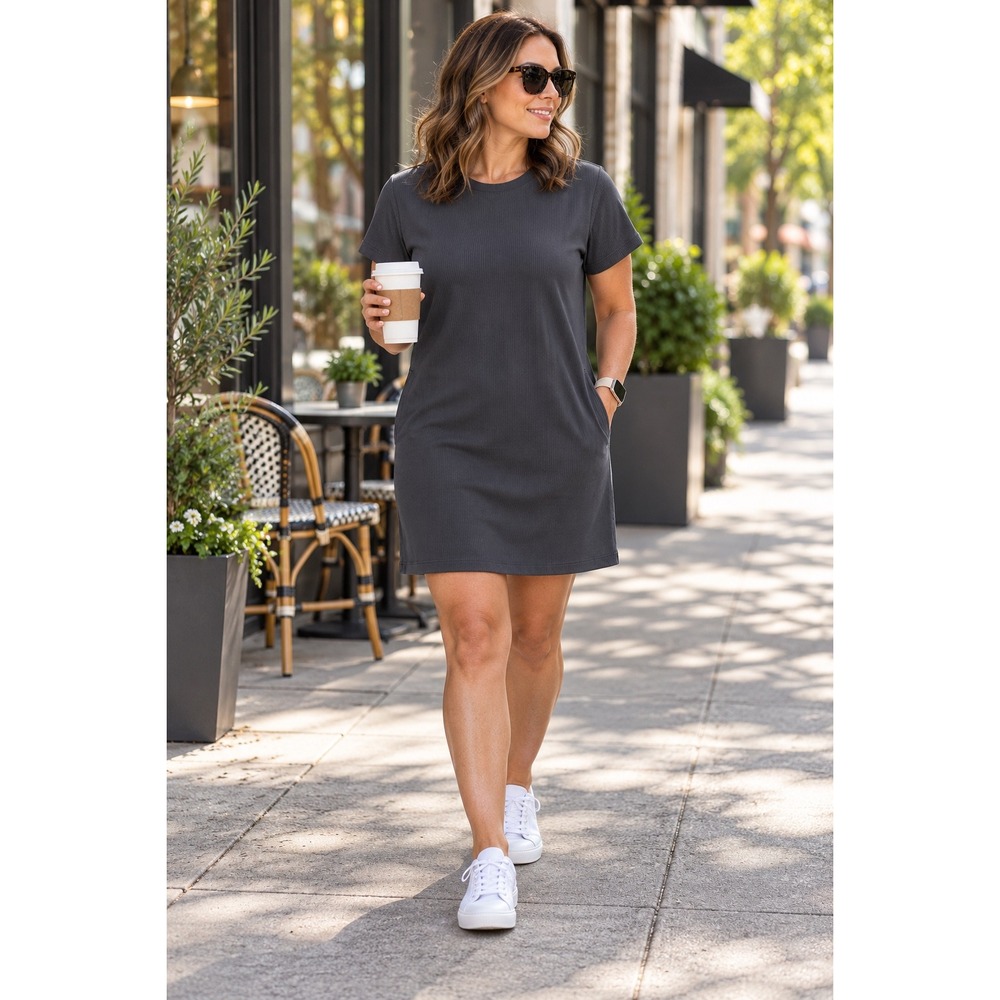 Athleta Ribbed T-Shirt Dress Charcoal Grey Minimalist Clean Girl Sporty Sz L